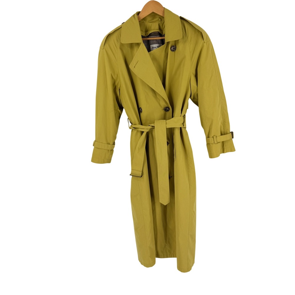 John Weitz Trench Coat Chartreuse Medium Vintage Made in USA Plaid Lining Belted
